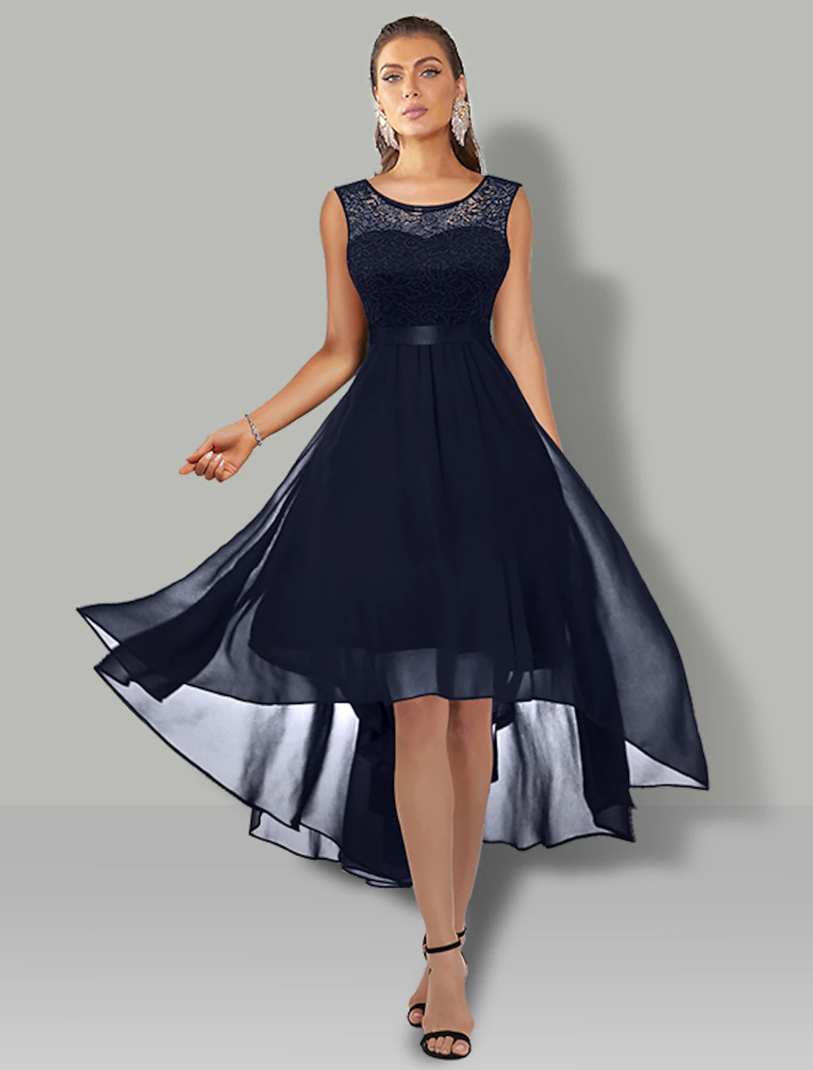 A-Linie Cocktailkleider Vintage Kleid Partykleidung Asymmetrisch Ärmellos Rundhals Chiffon mit Falten Spitzeneinsatz Reine Farbe